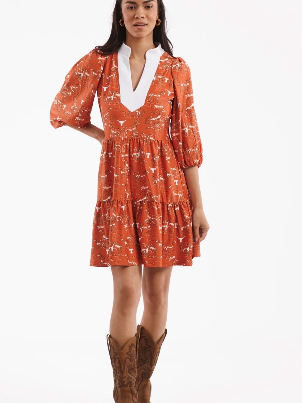 V-Neck Tiered Mini Dress in Rust Orange